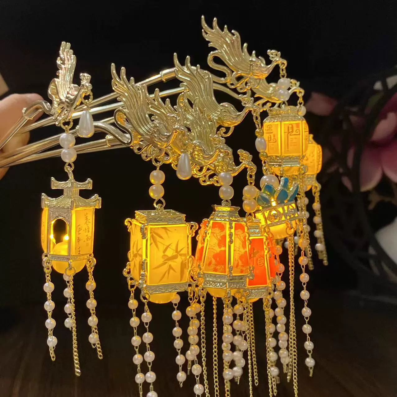 古风发光灯笼发簪莲花凤钗盘发簪子中式流苏步摇高级宫灯旗袍发饰