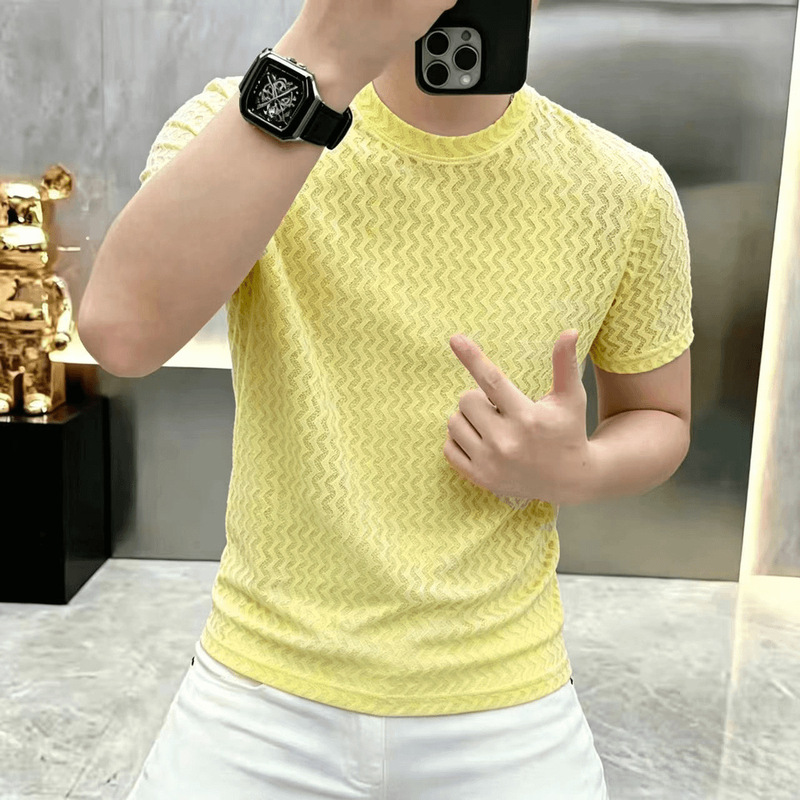 Summer Men's Short-Sleeved T-Shirt Men's Hollow-Out Round Neck Lace Slim Fit Breathable Versatile Top