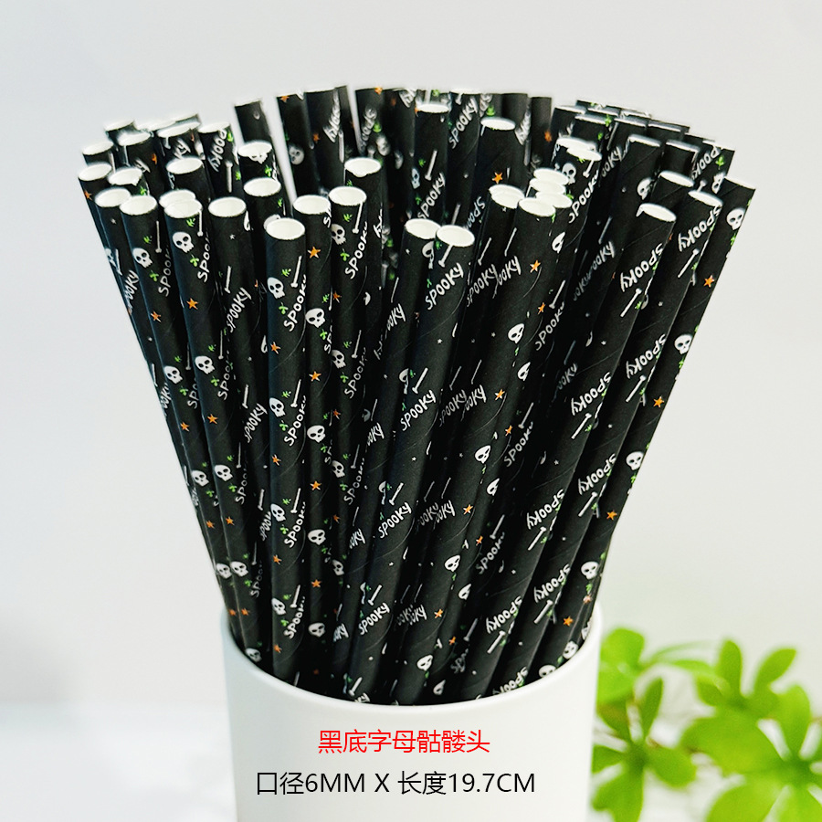Una gran cantidad de pajitas de papel desechables al por mayor, pajitas de papel de Halloween, pajitas de papel degradables, calavera, calabaza