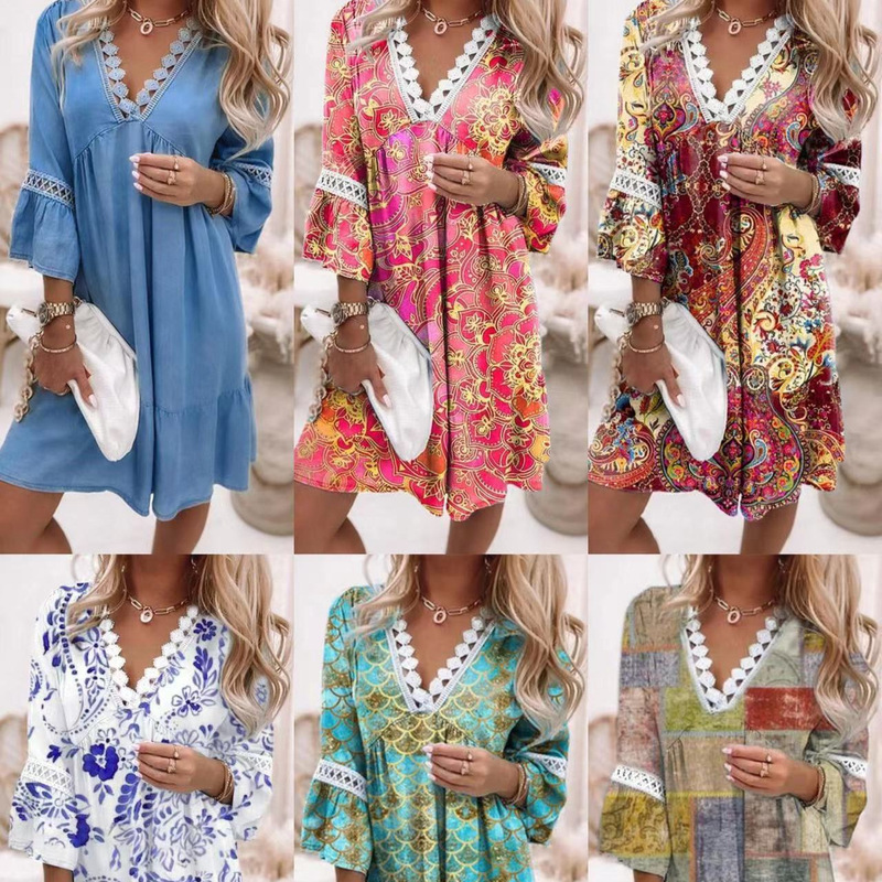 in stock 2024 Amazon Independent Station AliExpress Europe and America Cross-border Spring V-neck Printed Lace Stitching Bosimi