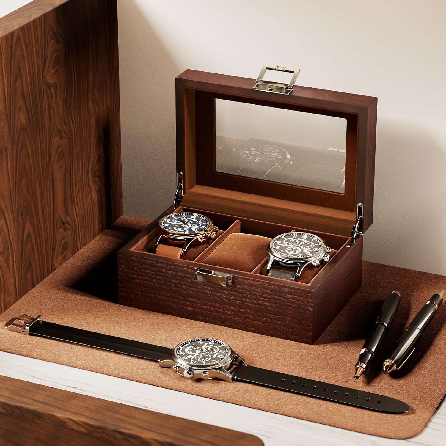Wooden Retro Jewelry Box Men's and Women's Watch Display Box Counter Decoration Transparent Cover Display Wooden Box Storage Box