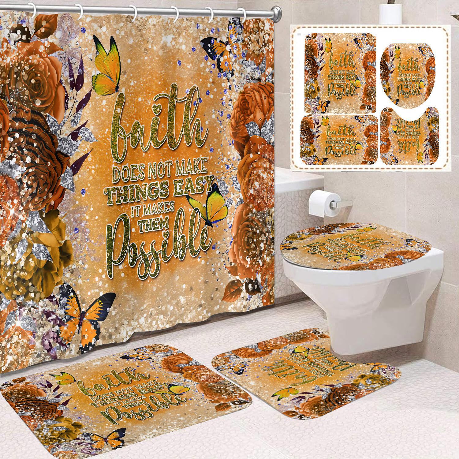 Transfronterizo Amazon cortina de ducha de color degradado cortina de baño letra patrón de mariposa cortina de ducha impermeable y a prueba de moho image 54