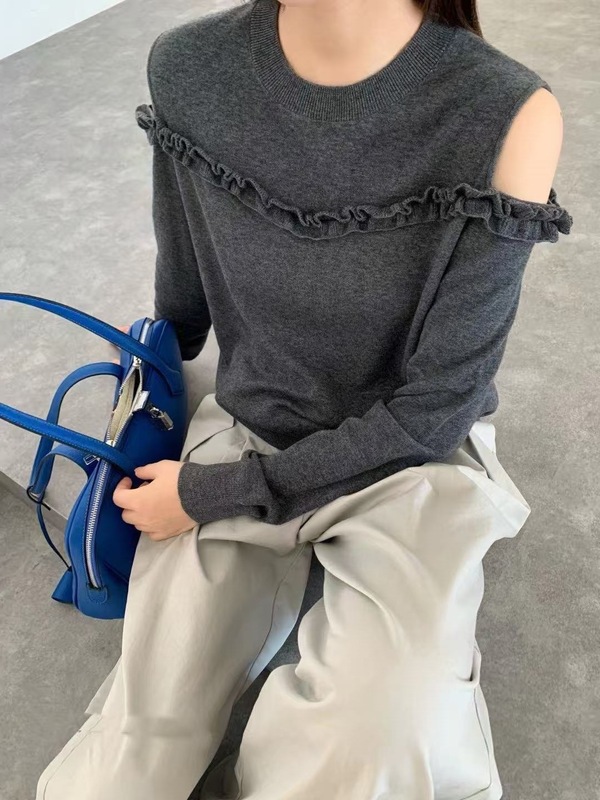 韩系设计感木耳花边镂空露肩针织衫女时尚气质上衣|undefined