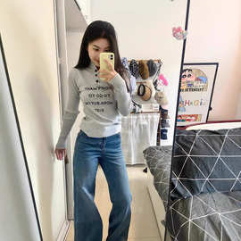 韩系灰色半高领针织衫女秋冬新款字母印花设计感长袖百搭修身上衣