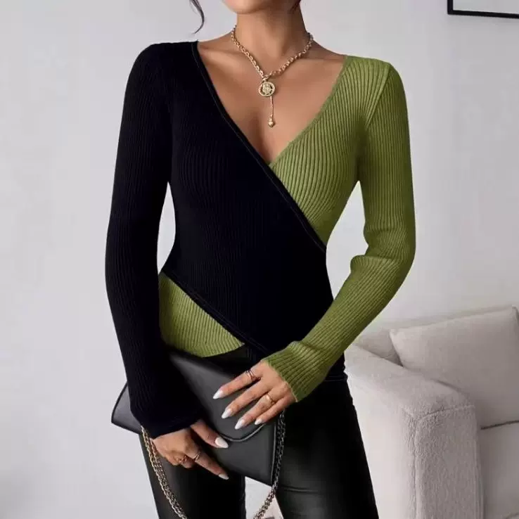 2025欧美跨境秋冬季大码女装时尚优雅撞色V领T恤纯色内搭长袖上衣