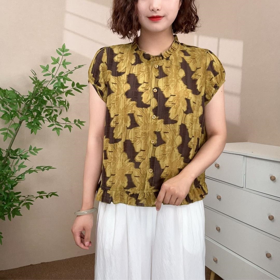夏季新款时尚印花木耳边圆领设计短袖小衫气质百搭显瘦妈妈装