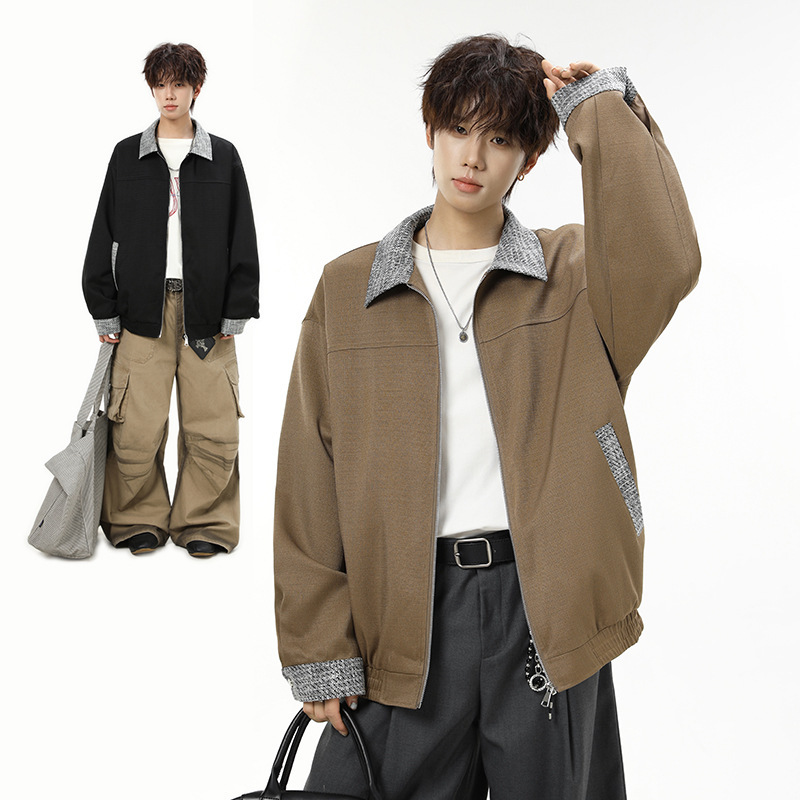 Teenage men's jacket, American style trendy brand, color-blocked, turn-down collar jacket, 2026 spring/autumn casual versatile design Teenage men's jacket, American style trendy brand, color-blocked, turn-down collar jacket, 2026 spring/autumn casual versatile design