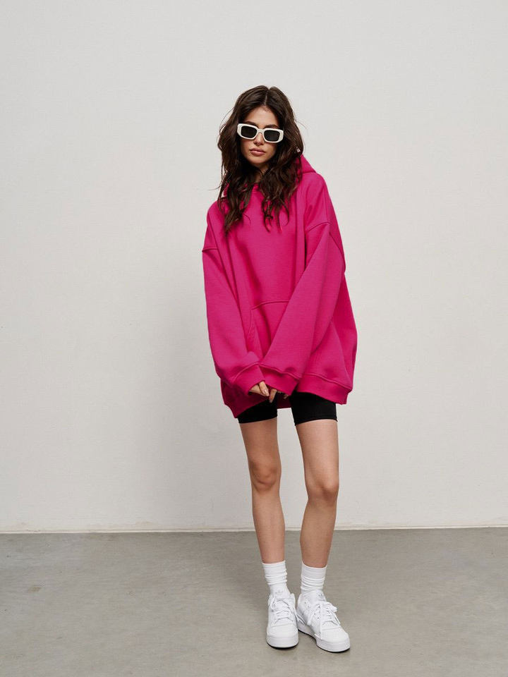 Áo hoodie nỉ lông dáng rộng có mũ và túi, tay dài, dáng unisex — Màu cà phê, Màu hồng, Màu xám, Màu đen chi tiết 38