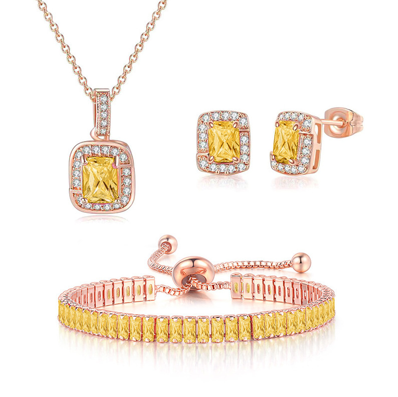 Fashion Square Copper Inlay Zircon Womenu0027S Bracelets Earrings Necklace 3 Piece Set