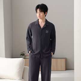 春秋新款纯棉纱布男士长袖长裤开衫翻领睡衣休闲男家居服图片色