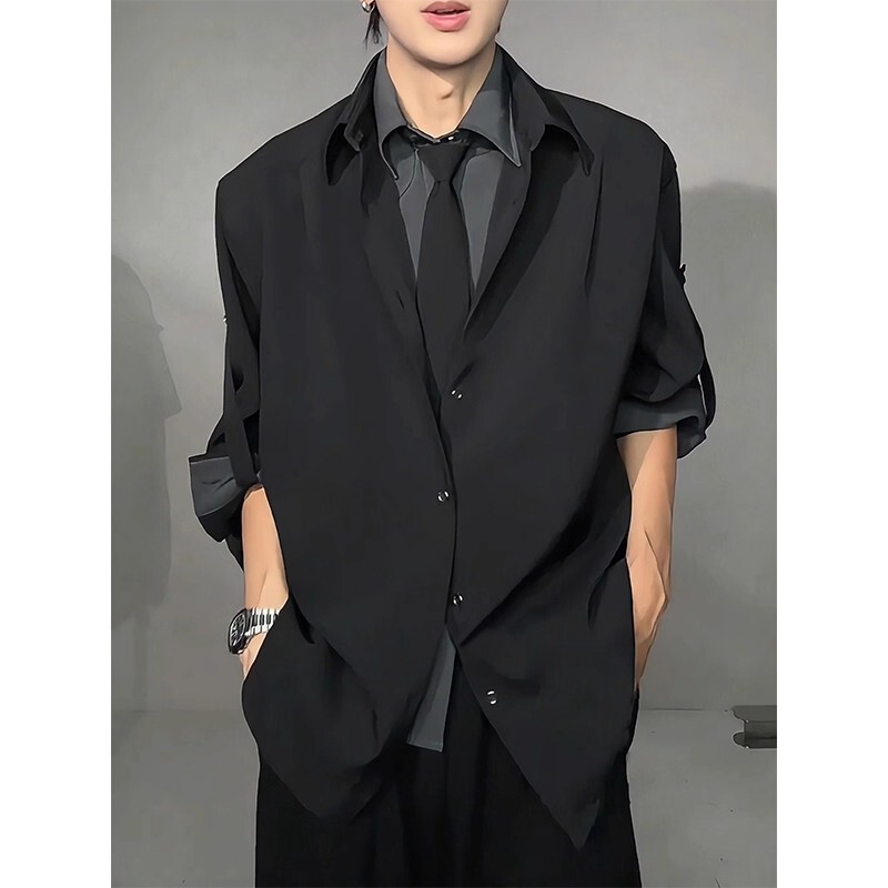 Fake Two-Piece Spliced ​​Tie Design Shirt Men's Early Autum High-End Shirt Jacket Handsome Casual Suit