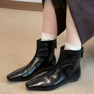 牛皮版~真皮方头短靴女内增高瘦瘦靴气质百搭马丁靴平底切尔西靴