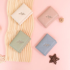 跨境短款三折錢包女批發簡約小香風菱格繡線零錢包pu多卡位卡包