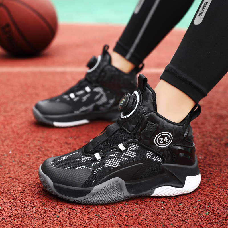 Children's Basketball Shoes 2024 Spring and Summer Mesh Breathable Rotating Button Boys' Sports Shoes Practical Basketball Shoes Wholesale