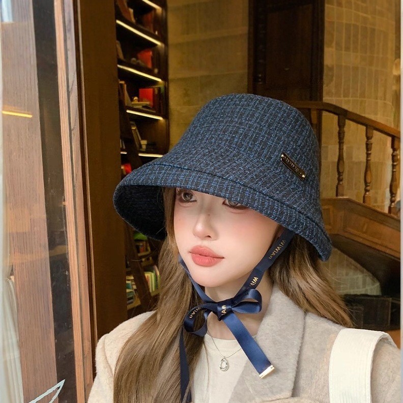 秋冬季简约小香风格纹渔夫帽子女2025新款时尚百搭卷边显脸小盆帽|undefined