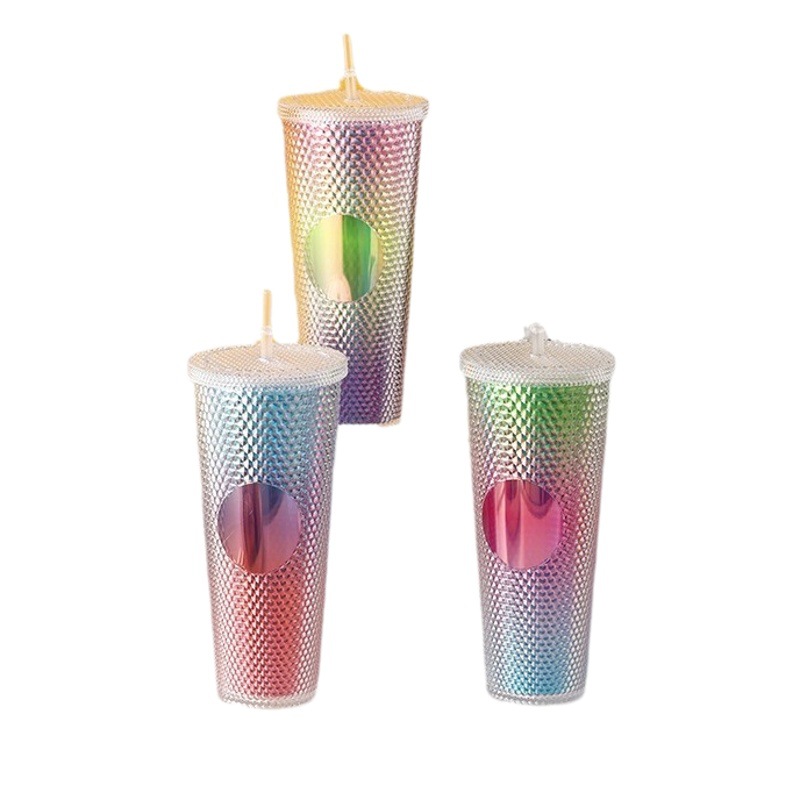 Taza plástica de doble capa con pajilla, gran capacidad, uso portátil al aire libre