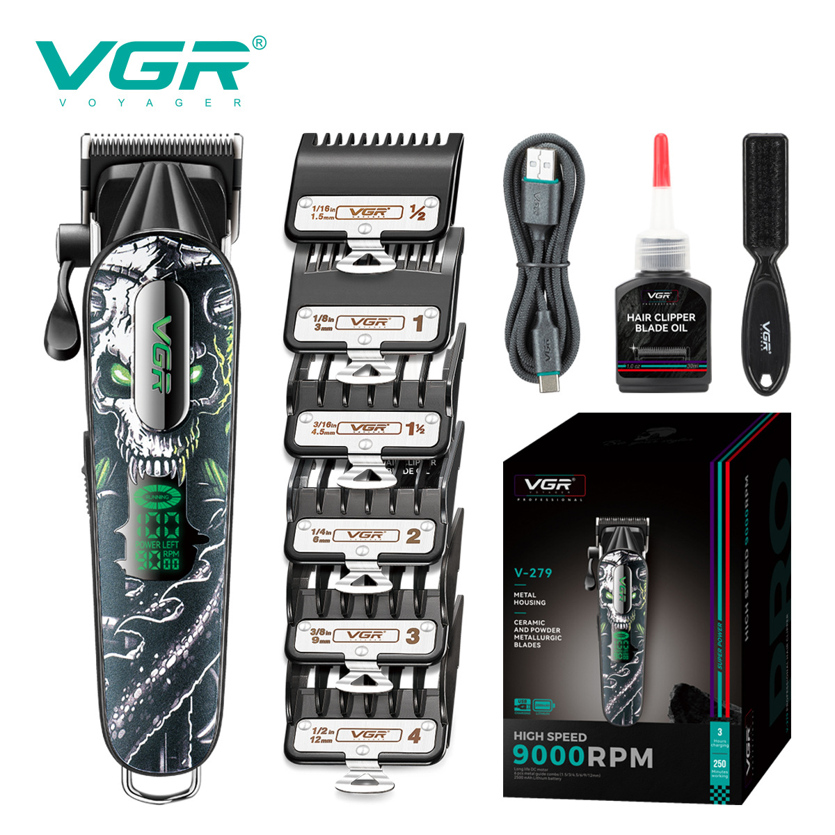 VGR279 Electric Hair Clipper High Speed 9000RPM Digital Display High Power Professional Hair Trimmer Cross Border_voghion.com