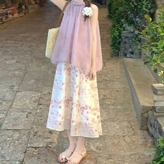 2025 ホルターネックシャツ花柄スカート女性の夏のファッション新しいホリデースタイル優しい気質妖精初恋ロングスカート