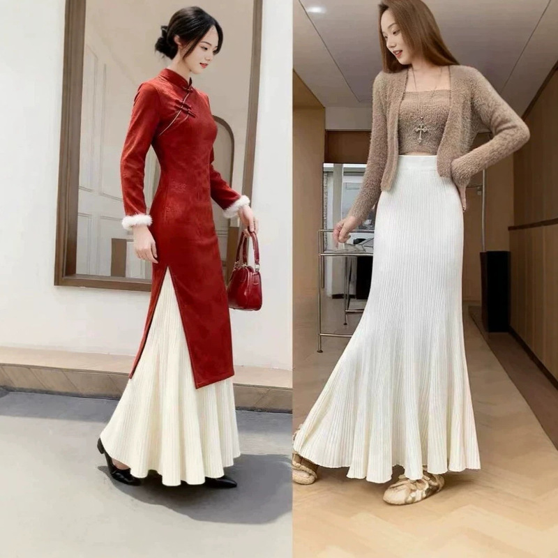 Paired with a cheongsam, a slip skirt that hugs the hips, a slim-fit knitted fishtail long skirt, layered with a high-waisted thick A-line skirt Paired with a cheongsam, a slip skirt that hugs the hips, a slim-fit knitted fishtail long skirt, layered with a high-waisted thick A-line skirt