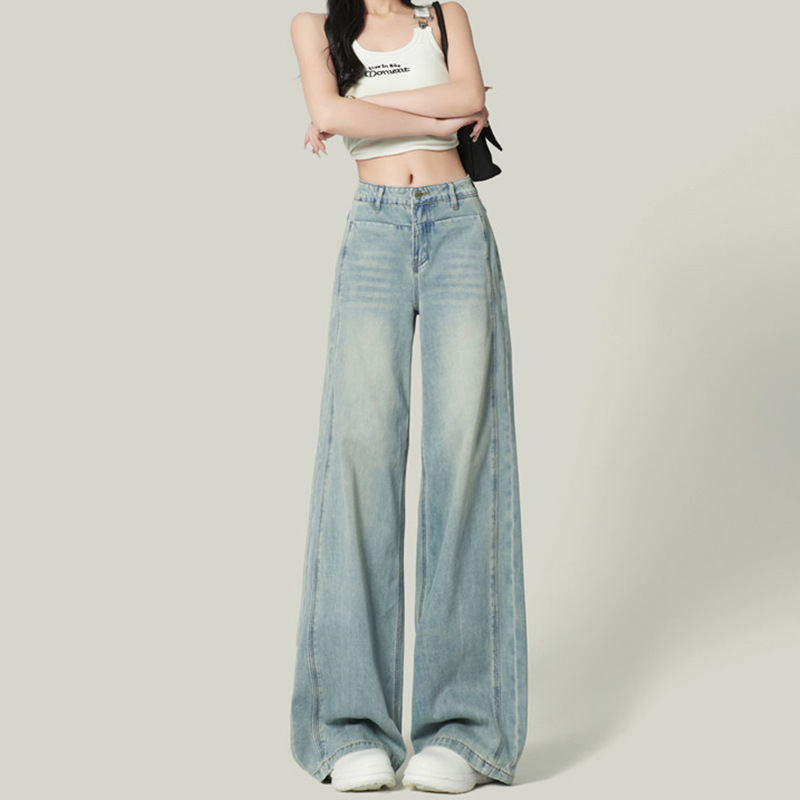 디자인 감각 연한 남색 하이웨스트 좁은 핏 와이드 데님 팬츠 여성 트렌드