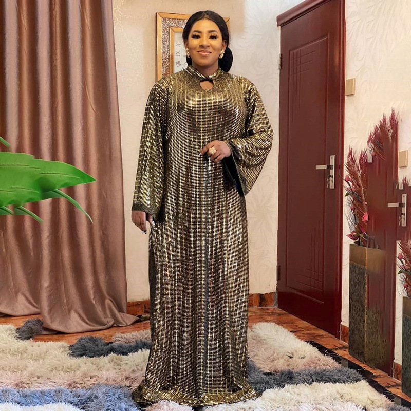 Foreign trade European and American African dress fashion large swing skirt golden sequined large robe elastic fabric source in stock