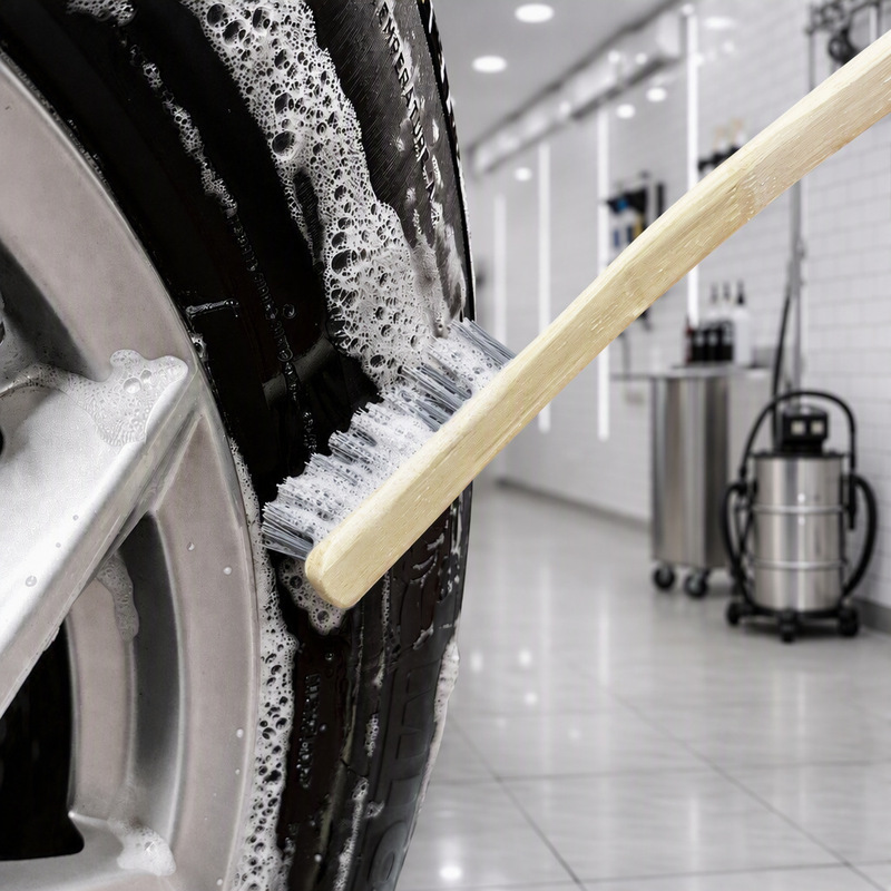 Aimi Bamboo Wood Tire Brush Wheel Hub Brush Steel Rim Cleaning Brush with Extended Handle Hard Bristle Cleaning Brush Car Wash Tool