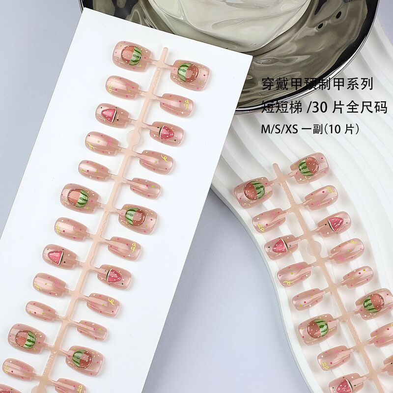 Summer Hot Three-Dimensional Watermelon Handmade Nails Summer Short Square Cat Eye Cute Whitening Manicure Ins Wearable Nails New Style