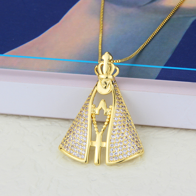 Fashion Cross Crown shape Virgin Maria pendant inlaid zircon copper necklace wholesale