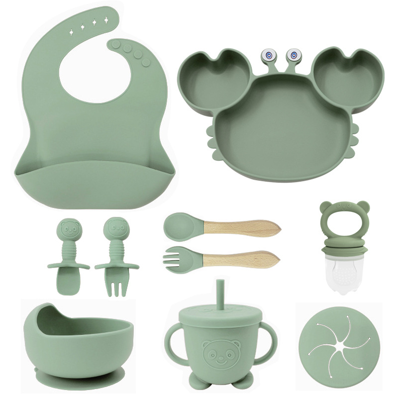 Plato de silicona para niños set de cangrejo para bebés alimentando bacon portátil para comer tenedor cuchara set de bolos de alimentos suplementarios