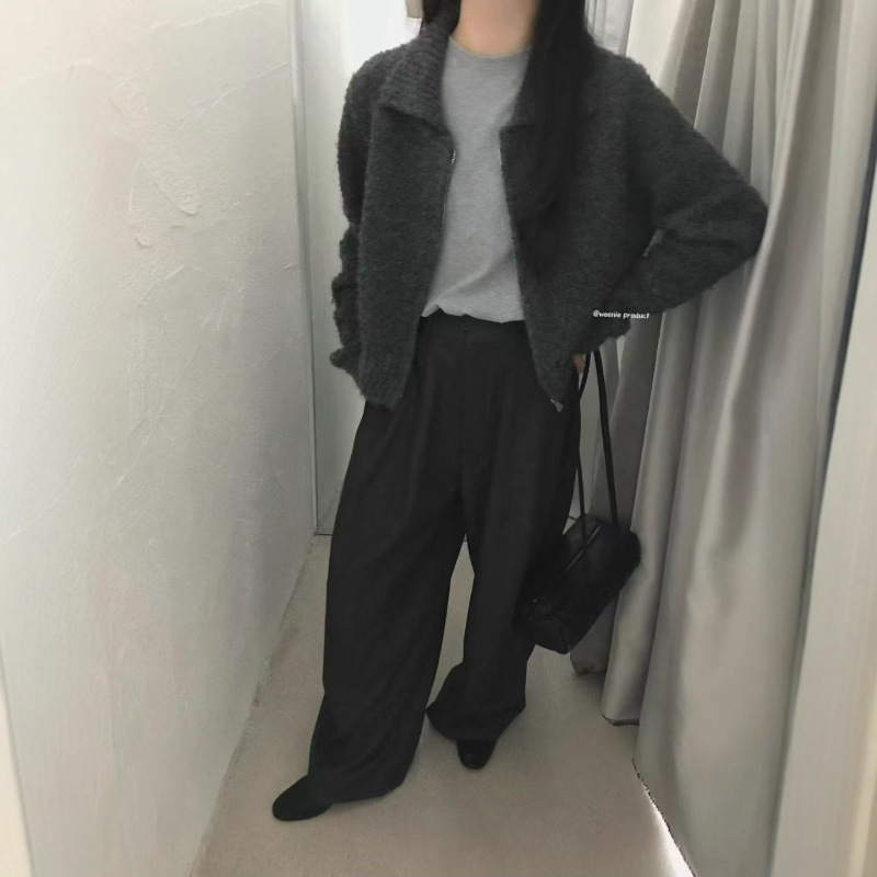 韩版圈圈毛翻领双拉链针织开衫女秋冬新款加厚短款宽松毛衣外套潮|undefined