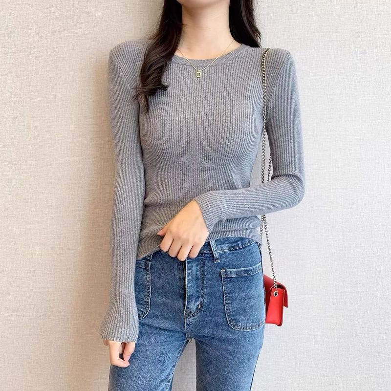 圆领长袖针织修身打底衫女2025春秋新款纯色紧身套头毛衣内搭显瘦|undefined