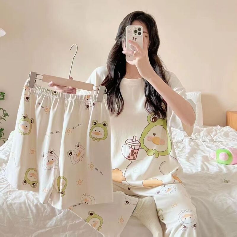 Milk-Colored Bear Large Size Pajamas for Women Spring and Summer Short-Sleeved Milk Silk Lace Doll Collar Three-Piece Home Wear Set