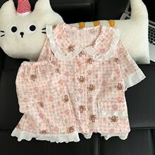 粉色满印轻松熊睡衣女夏季蕾丝花边短袖短裤两件套少女软萌家居服