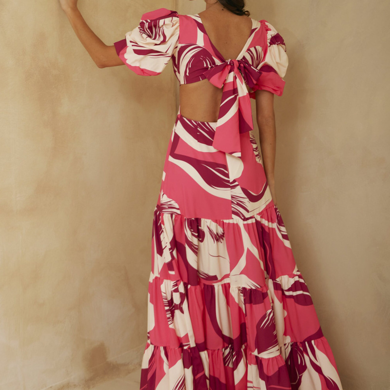 Women's Printed V-neck Puff Sleeves Sexy Backless Lace-Up Swing Wedding