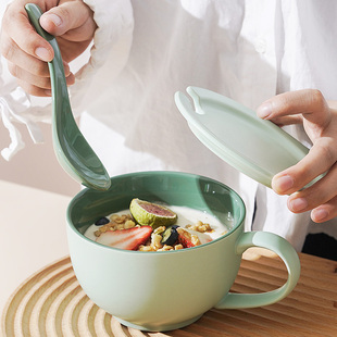 Oatmeal Cup Breakfast Cup with Lid Spoon Large Capacity Soup Cup Microwaveable Ceramic Cereal Cup Milk Cup Yogurt