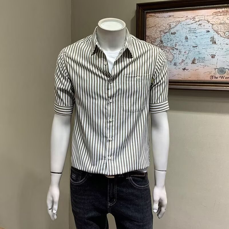 Korean and Japanese style men's summer fashion loose trendy versatile ins style casual striped shirt short sleeve
