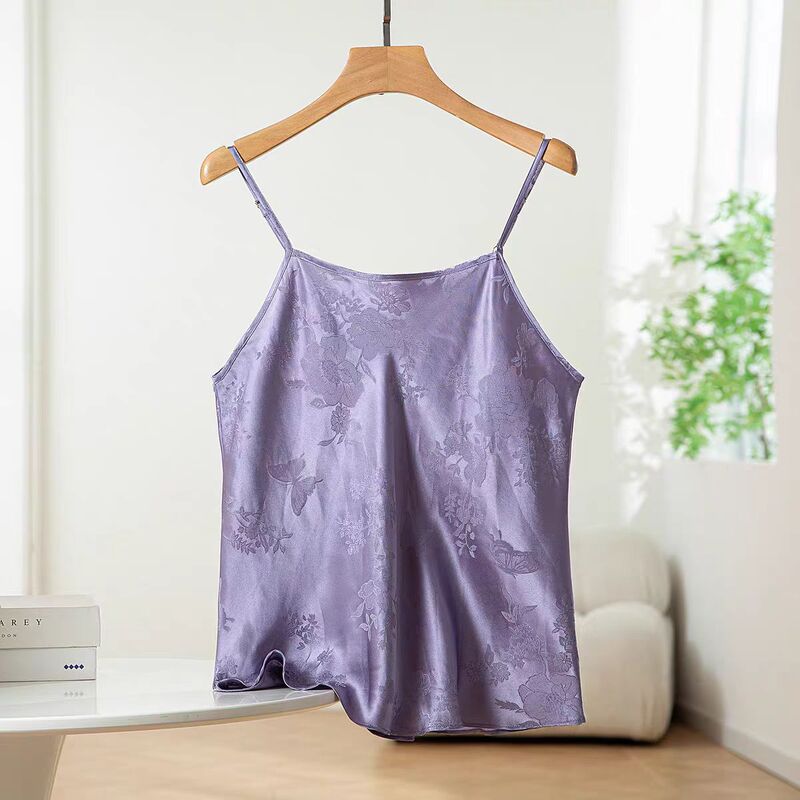 Silk Jacquard Floral Bias-Cut Camisole for Women, 21 Momme Pure Mulberry Silk, Sleeveless Inner Wear, Fresh and Loose Fit