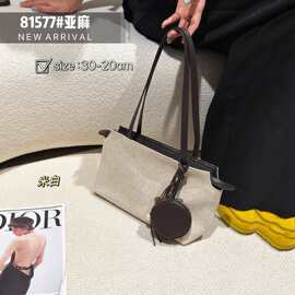 亚麻帆布单肩腋下包女2026新款百搭通勤包手提法棍包大容量托特包