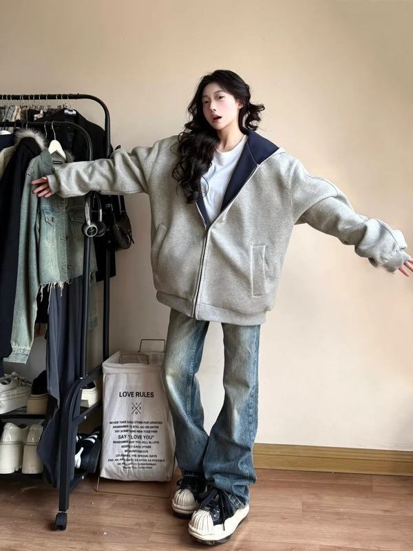 即墨卫衣外套女2025新款早秋女装灰色撞色藏蓝色上衣连帽拉链开衫|undefined