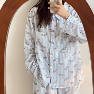 Korean Style Ins Striped Greyhound Couple Pajamas Women's Spring and Summer Long Sleeve Men's Ins Cute Cartoon Home Clothes suit Autumn