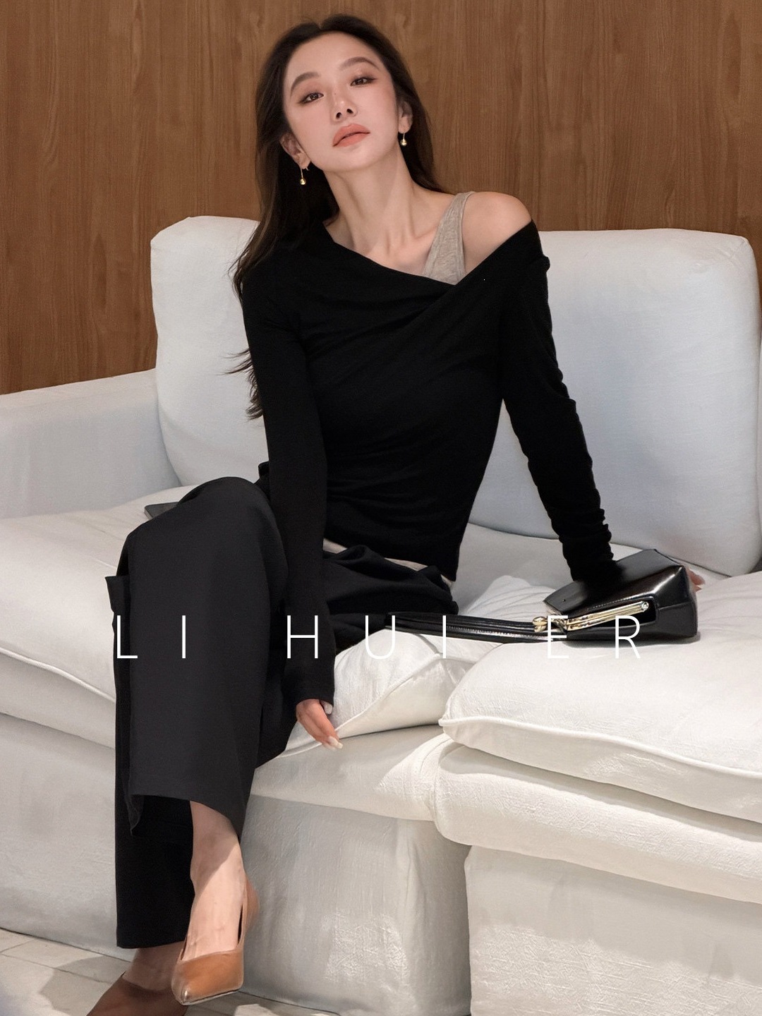 LiHuiEr李慧儿乌木浮茶 天丝羊毛假两件露肩长袖针织衫上衣