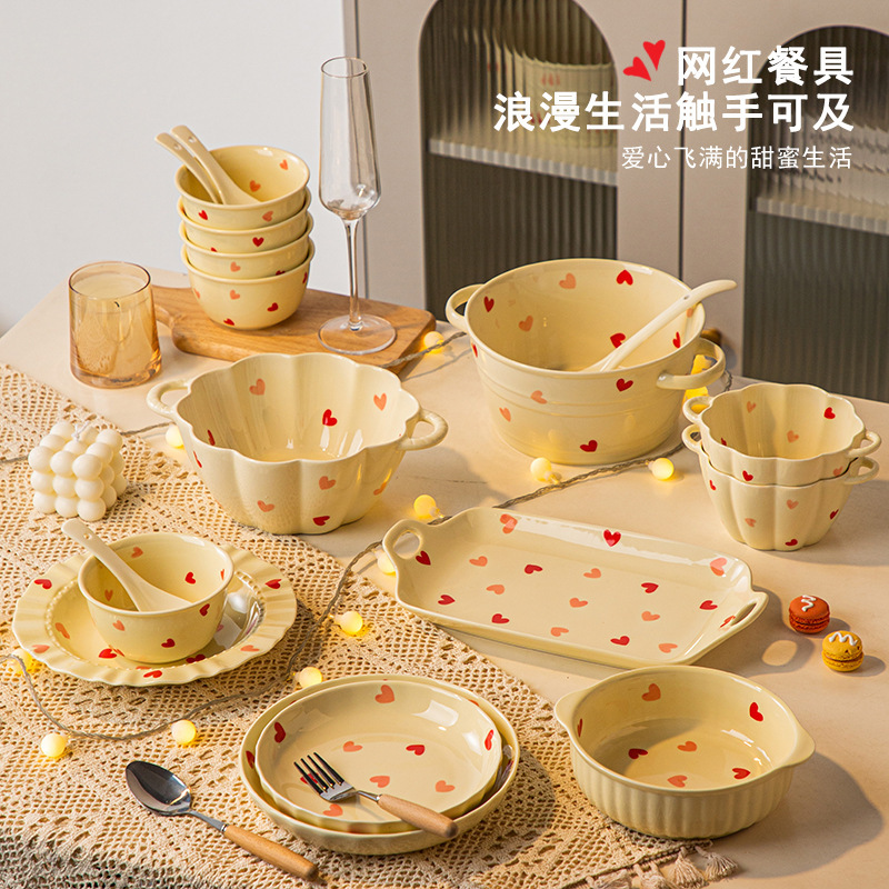 Love Ceramic Tableware Dishes suit Household 2025 Underglaze Color Bowl Noodle Bowl Binaural Soup Bowl Salah Bowl Rice Bowl