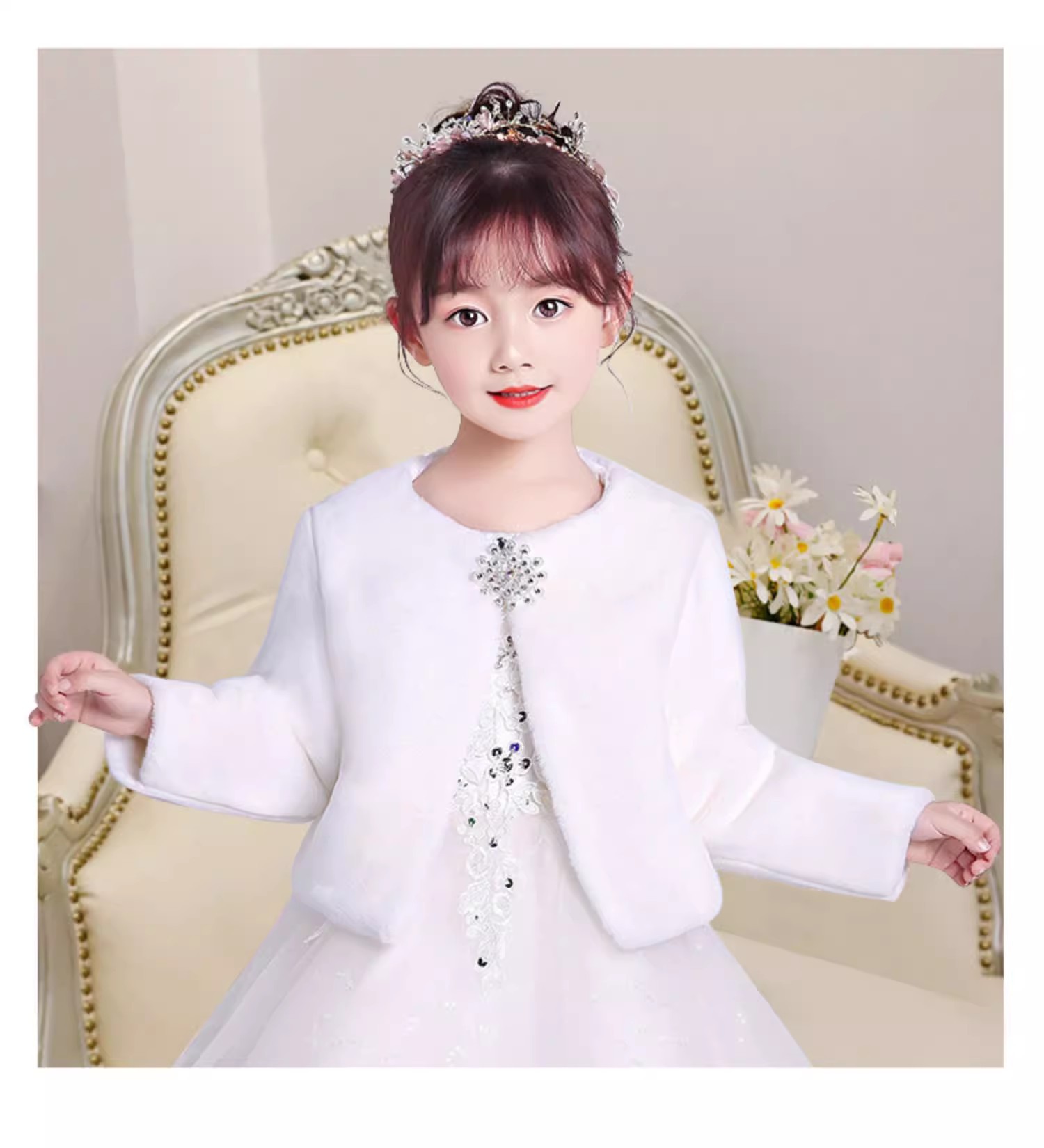 Capa para niños, vestido de princesa de felpa, abrigo de manga larga para salir en otoño e invierno, chal de piel cálido para niña de flores