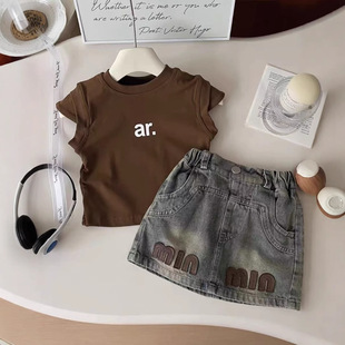 Little girl Korean casual suit summer new girls foreign style T-shirt Denim shorts two-piece 55192