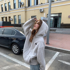 你好卡农 毛巾绣加绒连帽卫衣外套女秋冬新款宽松显瘦小个子上衣