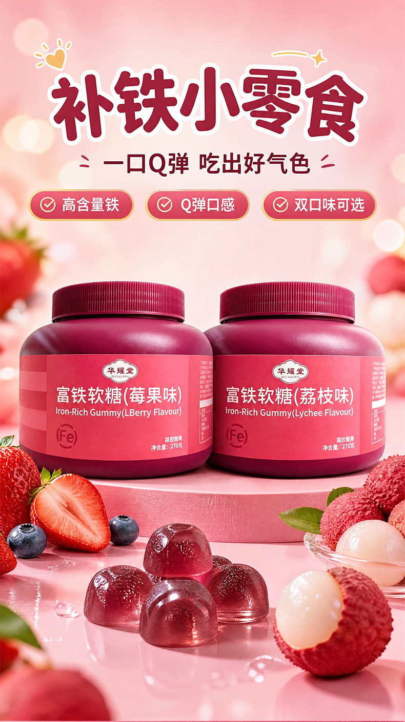 Iron Gummy Candy Berry Lychee Flavor 270g Bottle Six Iron Sources Womens Daily Nutrition Supplement overview
