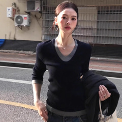 韩系假两件V领针织打底衫女2025新款秋季高级感内搭毛衣修身上衣