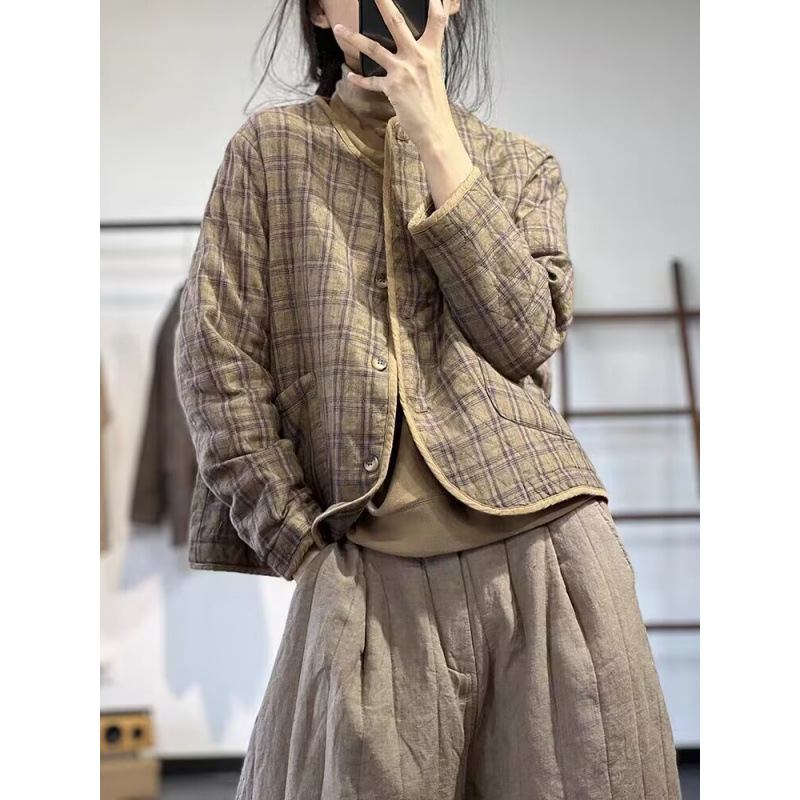 复古文艺国潮格子宽松休闲显瘦棒球服棉衣短外套|undefined