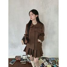 美拉德棕色格子学院风毛呢套装女秋冬韩版呢子西装外套百褶裙套装