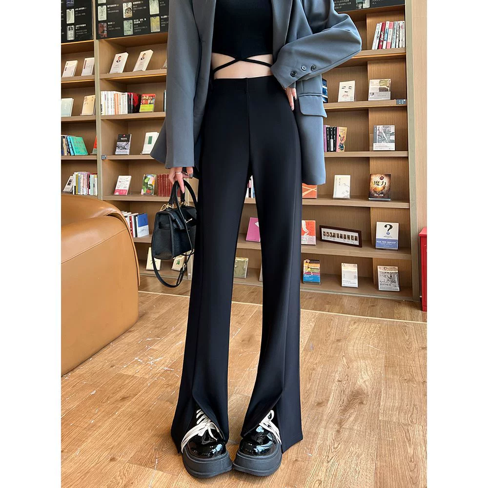 Узкие широкие брюки для женщин, весенне-осенние утягивающие брюки с высокой талией, прямые брюки длиной до пола, черные повседневные слегка расклешенные брюки с разрезом.